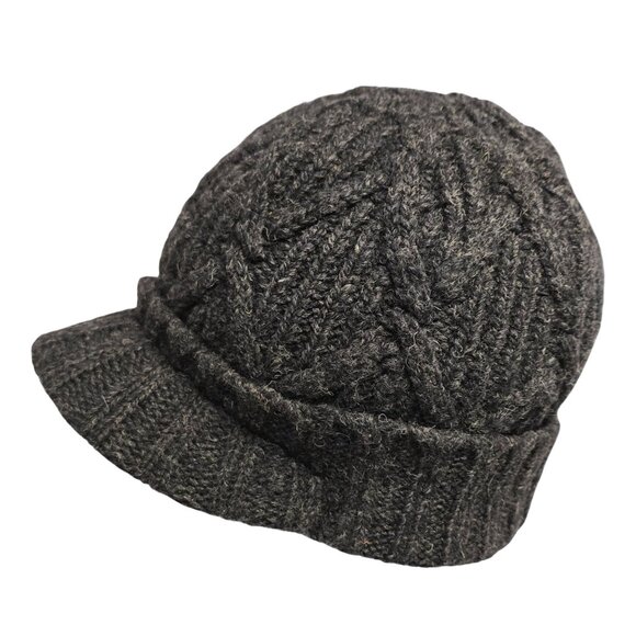 Coal Wool Knit Brimmed Cap Lined Beanie Dark Gray Stretchy Warm Winter Hat boho - Picture 2 of 6